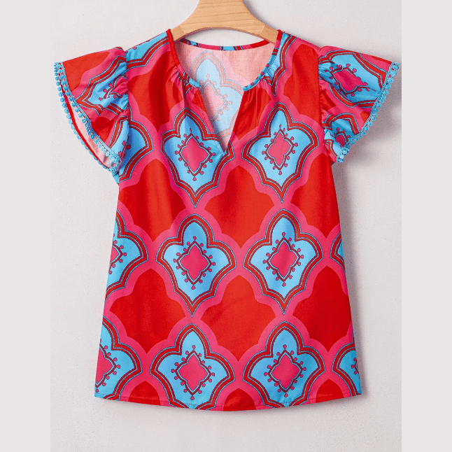 Mazie Red Abstract Floral Print Trimmed Flutter Sleeve Blouse