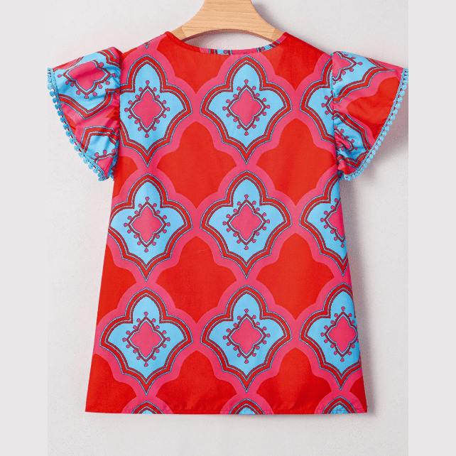 Mazie Red Abstract Floral Print Trimmed Flutter Sleeve Blouse