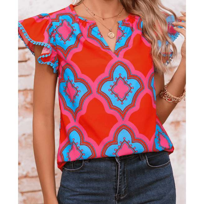 Mazie Red Abstract Floral Print Trimmed Flutter Sleeve Blouse