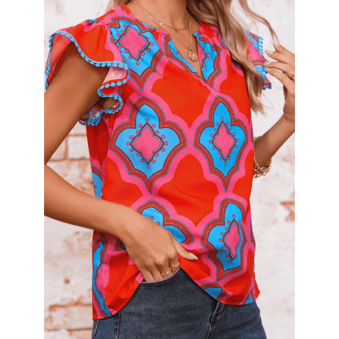 Mazie Red Abstract Floral Print Trimmed Flutter Sleeve Blouse