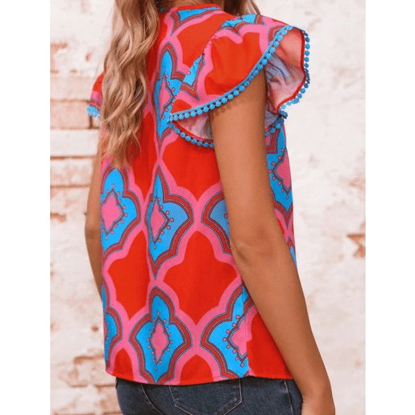 Mazie Red Abstract Floral Print Trimmed Flutter Sleeve Blouse