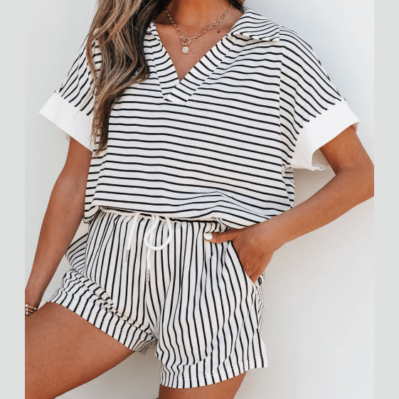 Dakota Black Stripe V Neck Tee and Casual Short Set