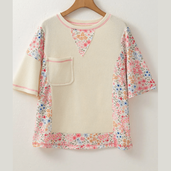 Mayella Beige Floral Patchwork Chest Pocket Wide Sleeve Waffle T Shirt