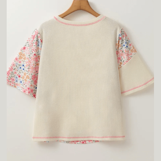 Mayella Beige Floral Patchwork Chest Pocket Wide Sleeve Waffle T Shirt