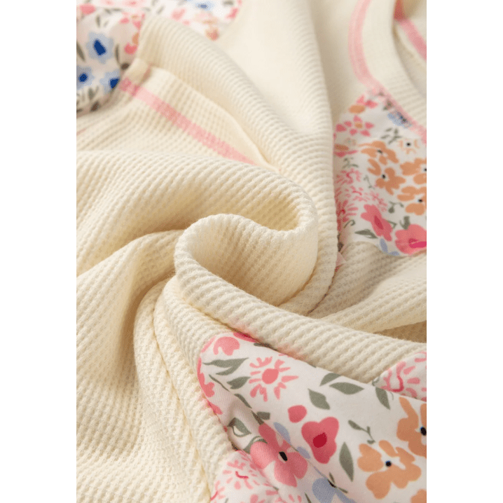 Mayella Beige Floral Patchwork Chest Pocket Wide Sleeve Waffle T Shirt