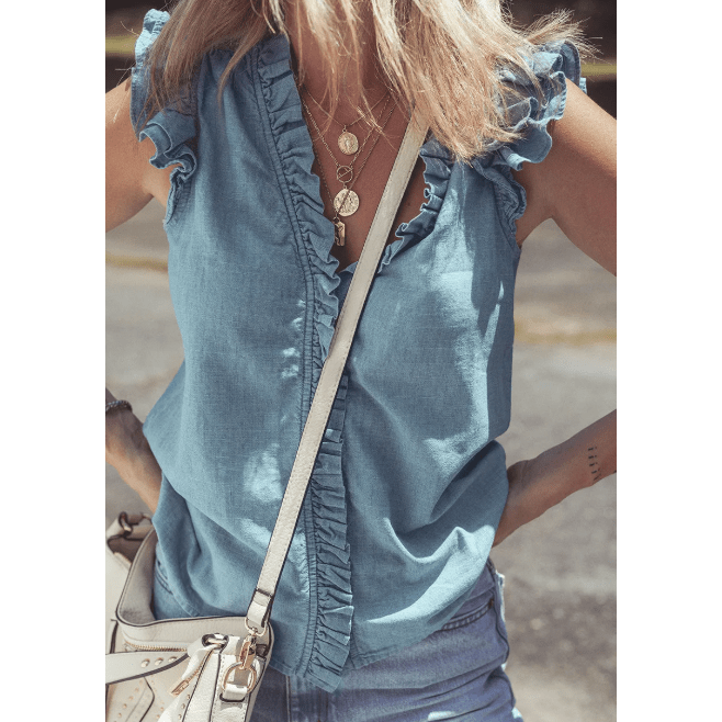 Elise Beau Blue Frilly Ruffle Trim V Neck Chambray Top