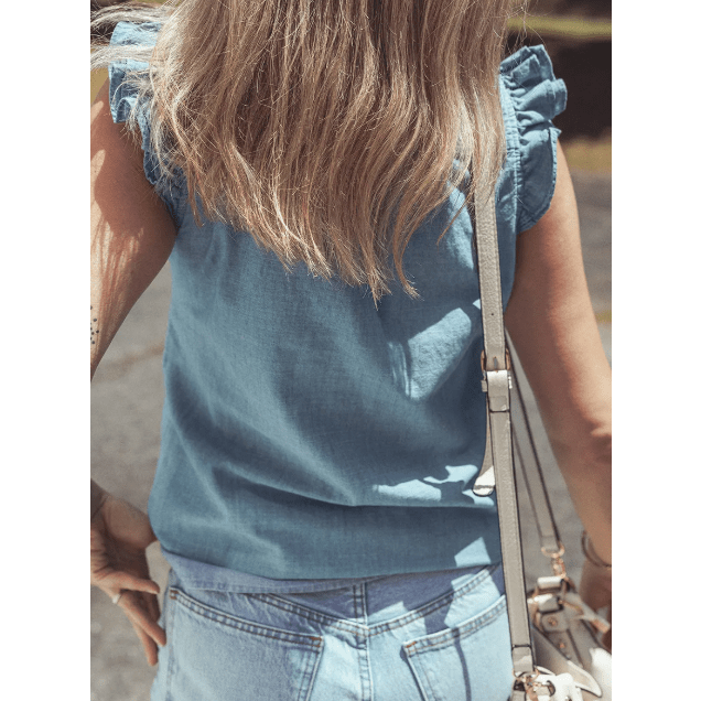 Elise Beau Blue Frilly Ruffle Trim V Neck Chambray Top