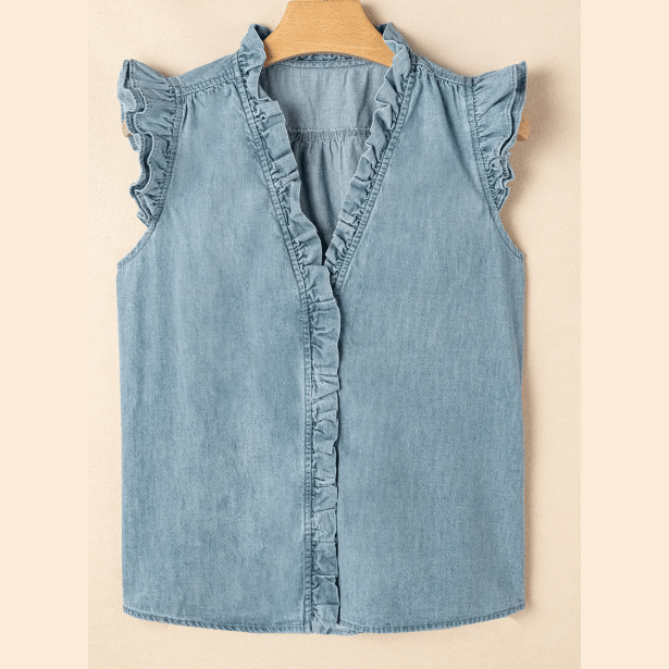 Elise Beau Blue Frilly Ruffle Trim V Neck Chambray Top