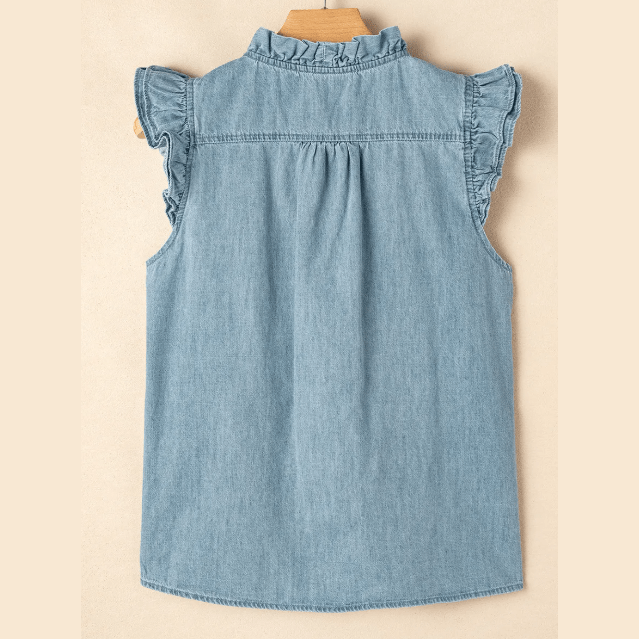 Elise Beau Blue Frilly Ruffle Trim V Neck Chambray Top