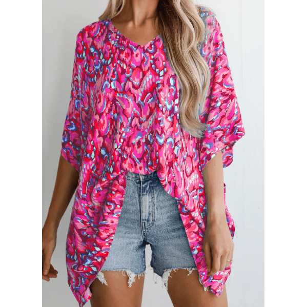 Flossie Pink Abstract Print V Neck Half Sleeve Loose Fit Tunic Blouse