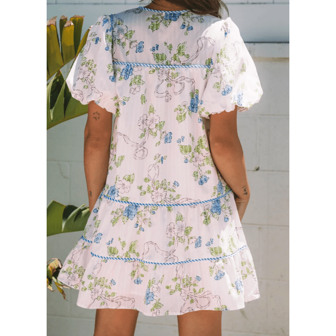 RTS Pink Floral Striped Print Contrast Trim Tie Split Neck Mini Dress