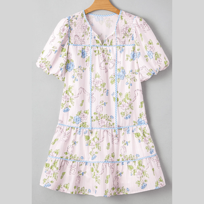 RTS Pink Floral Striped Print Contrast Trim Tie Split Neck Mini Dress
