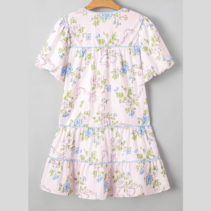 RTS Pink Floral Striped Print Contrast Trim Tie Split Neck Mini Dress