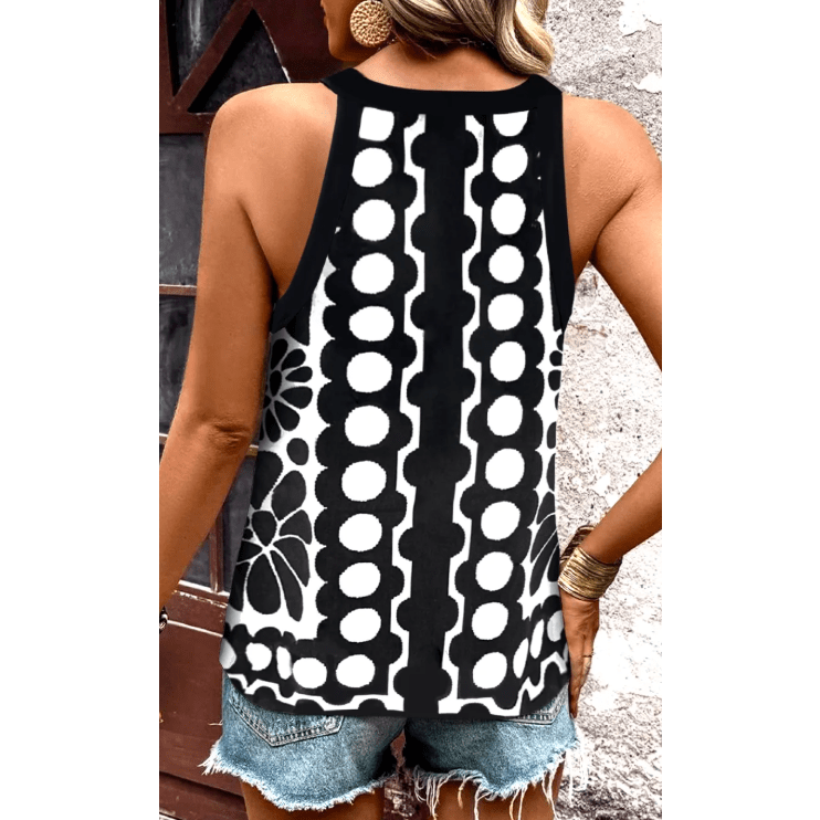 Kara Black Abstract Dot Flower Print Tank Top