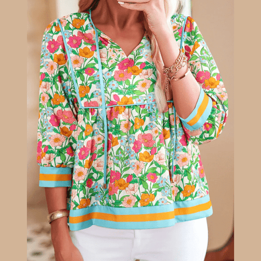 Lanelle Green Floral Print Striped Trim Tie Neck Puff Sleeve Babydoll Blouse