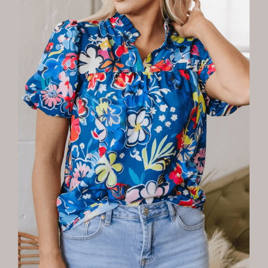 Jana Blue Flower Print Collared V Neck Puff Short Sleeve Loose Blouse