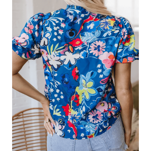 Jana Blue Flower Print Collared V Neck Puff Short Sleeve Loose Blouse