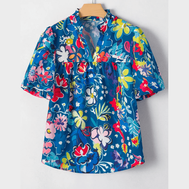 Jana Blue Flower Print Collared V Neck Puff Short Sleeve Loose Blouse