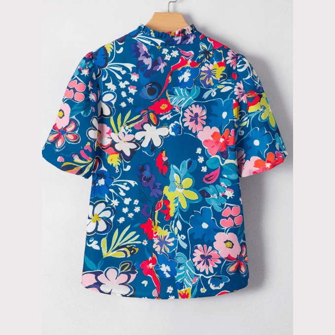Jana Blue Flower Print Collared V Neck Puff Short Sleeve Loose Blouse