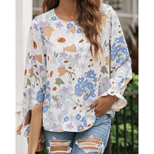 Joelinne White Floral Print Sweet Lantern Long Sleeve Blouse
