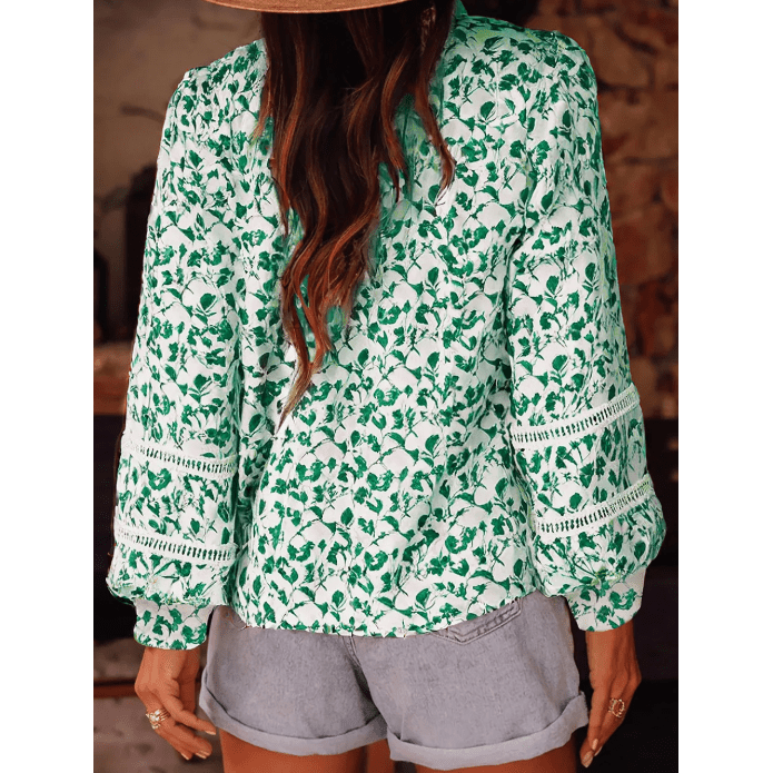 Julee Green Printed Lace Detail Floral Puff Sleeve Fall Shirt
