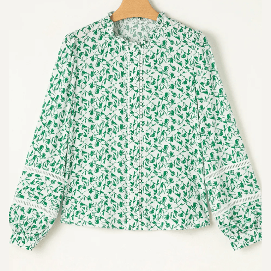 Julee Green Printed Lace Detail Floral Puff Sleeve Fall Shirt