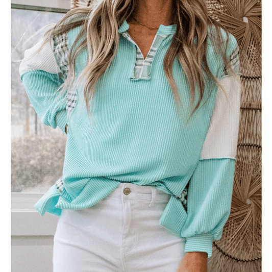 Latifa Aruba Blue Corded Texture Plaid Colorblock Patchwork Split Neck Long Sleeve Top