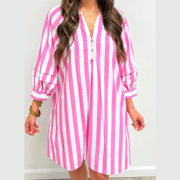 Rowan Stripe Bracelet Sleeve Buttons Loose Mini Dress