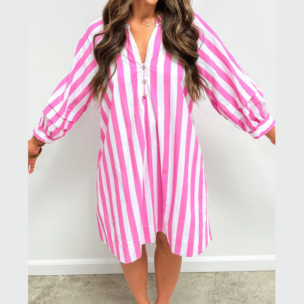Rowan Stripe Bracelet Sleeve Buttons Loose Mini Dress