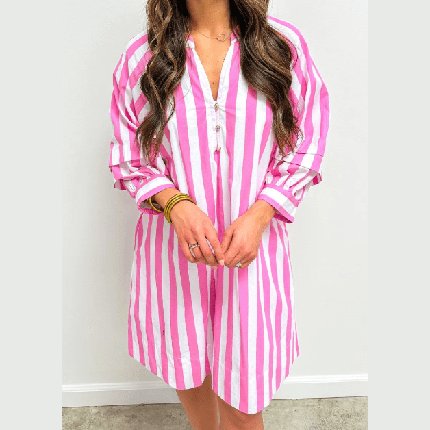 Rowan Stripe Bracelet Sleeve Buttons Loose Mini Dress