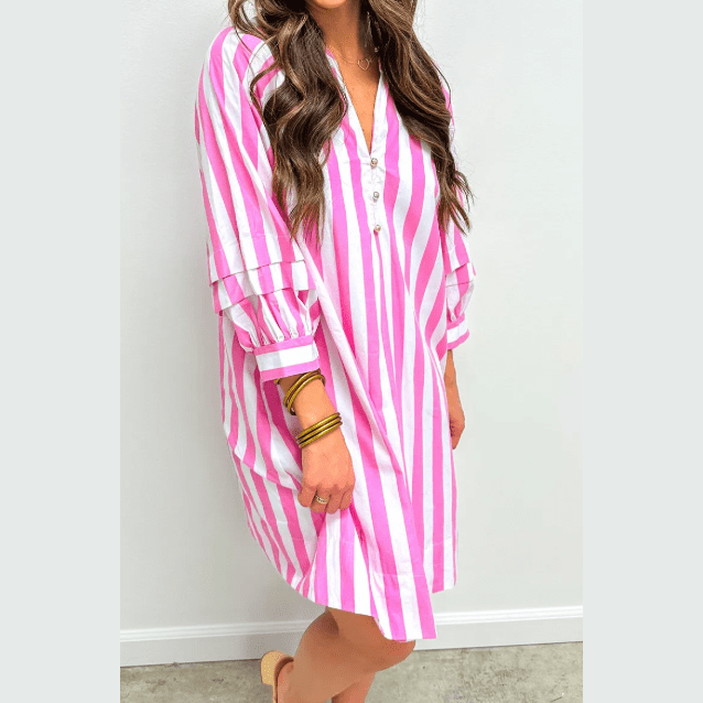 Rowan Stripe Bracelet Sleeve Buttons Loose Mini Dress
