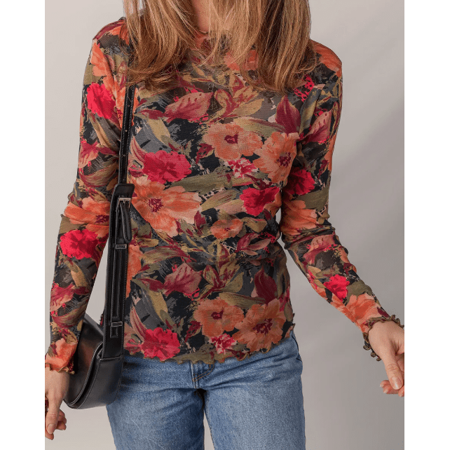 Ruthie Multicolor Floral Print Lettuce Trim Long Sleeve Mesh Top