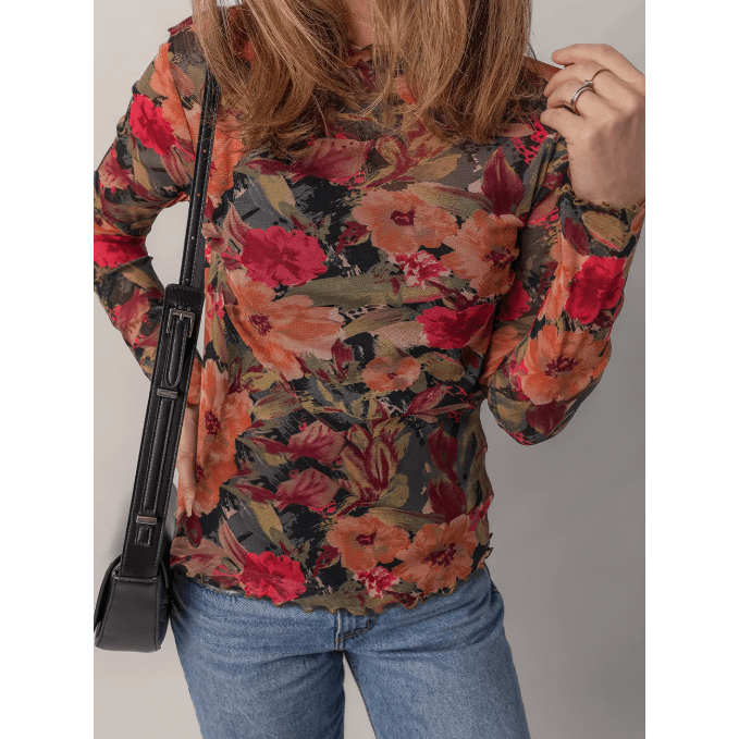 Ruthie Multicolor Floral Print Lettuce Trim Long Sleeve Mesh Top