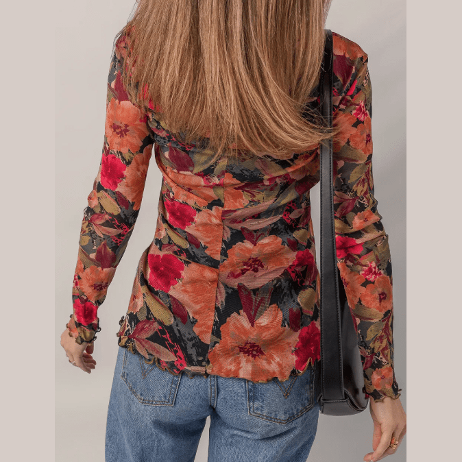 Ruthie Multicolor Floral Print Lettuce Trim Long Sleeve Mesh Top