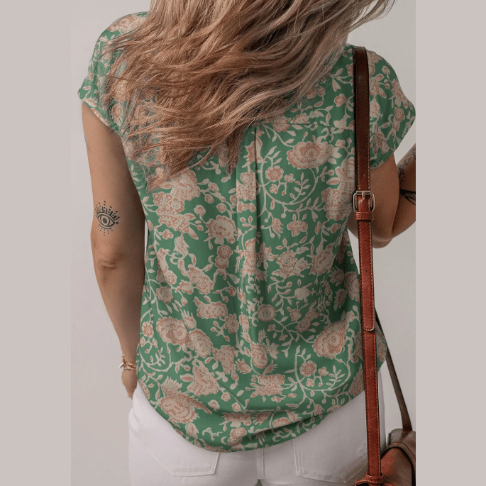 Talma Green Floral Print Pleated Buttoned V Neck Short Sleeve Blouse