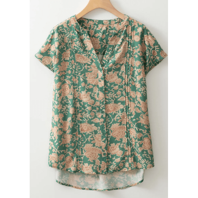 Talma Green Floral Print Pleated Buttoned V Neck Short Sleeve Blouse