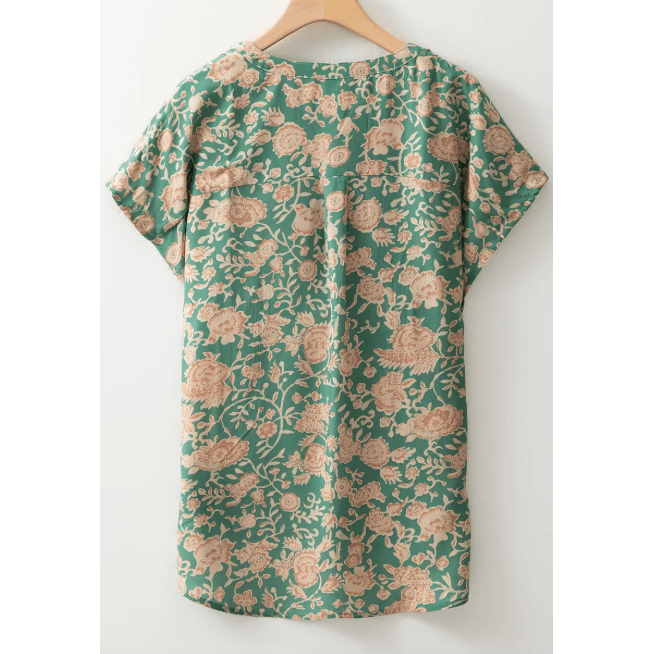Talma Green Floral Print Pleated Buttoned V Neck Short Sleeve Blouse