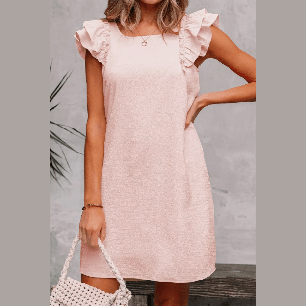Rosalina Pink Textured Flutter Sleeve Square Neck Bow Back Mini Dress