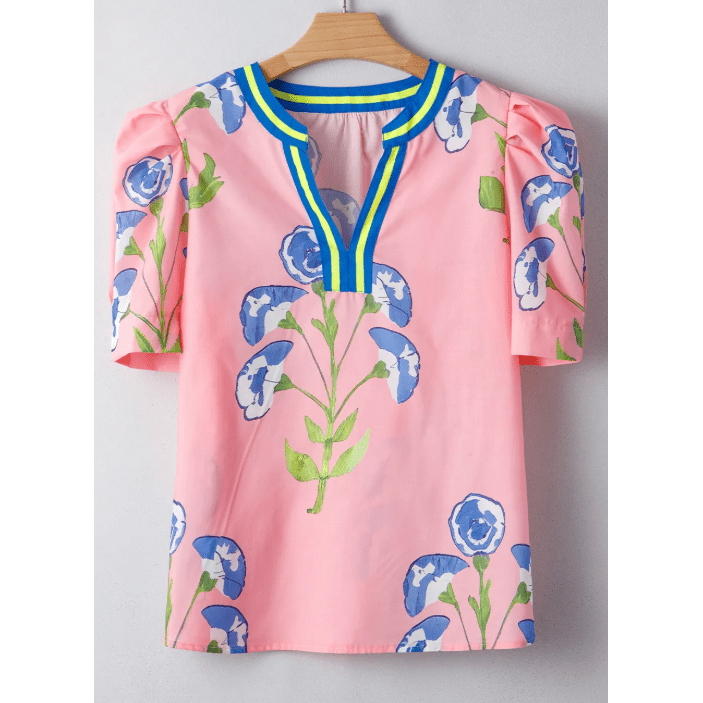 Cynda Pink Floral Print Striped Notched V Neck Bubble Sleeve Blouse