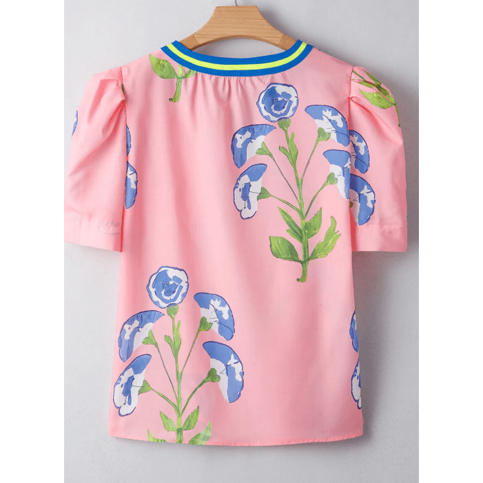 Cynda Pink Floral Print Striped Notched V Neck Bubble Sleeve Blouse