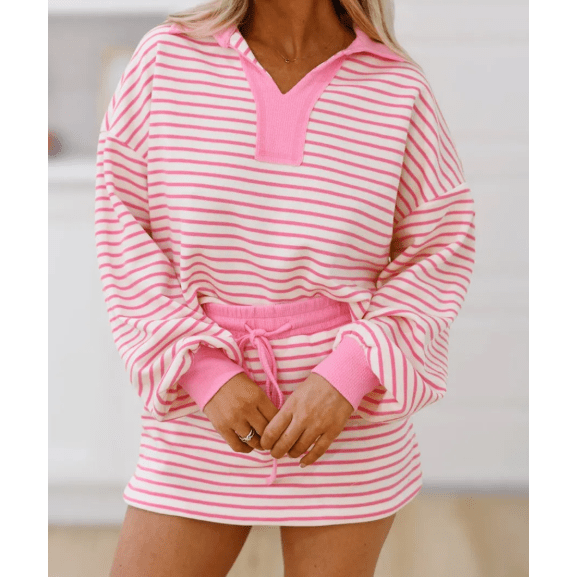 Fran Pink Stripe Collared V Neck Drop Shoulder Pullover and Skort 2pcs Outfit