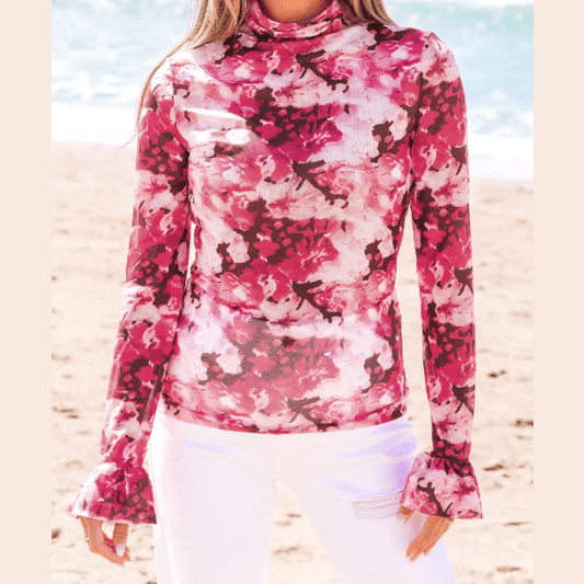 Georgia Floral Mesh Flounce Sleeve Mock Neck Blouse