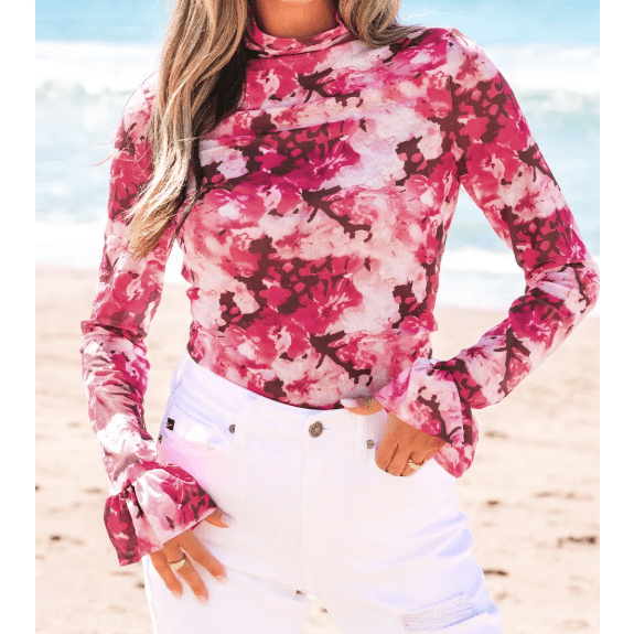 Georgia Floral Mesh Flounce Sleeve Mock Neck Blouse