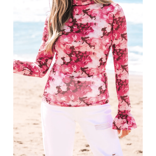 Georgia Floral Mesh Flounce Sleeve Mock Neck Blouse