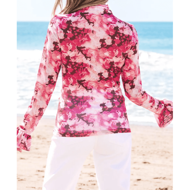 Georgia Floral Mesh Flounce Sleeve Mock Neck Blouse