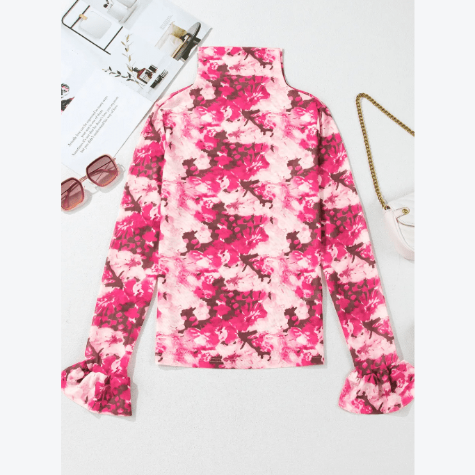 Georgia Floral Mesh Flounce Sleeve Mock Neck Blouse