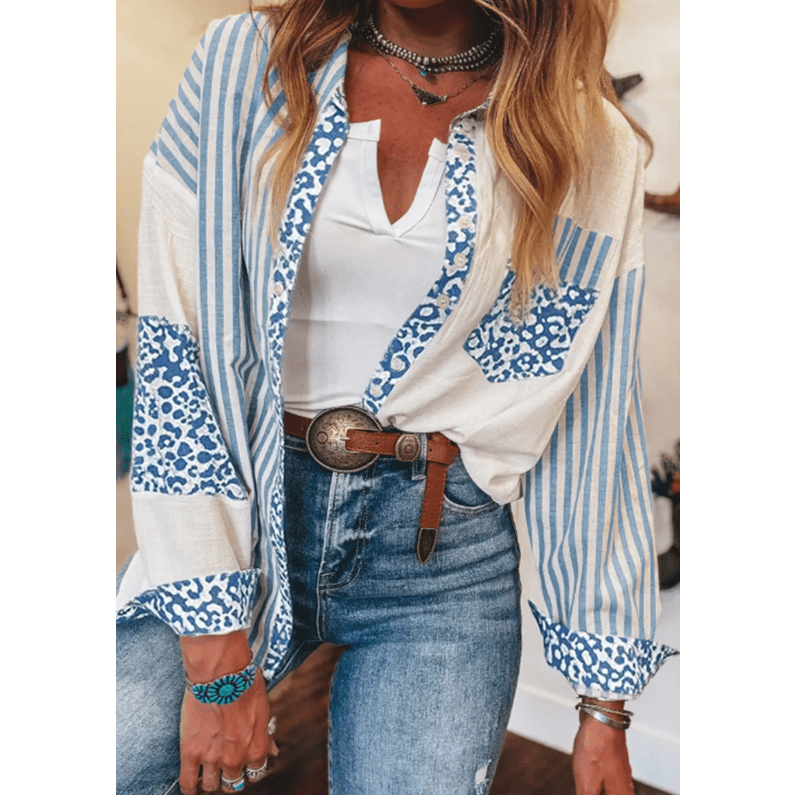 Shalee Sky Blue Leopard Striped Western Casual Shirt