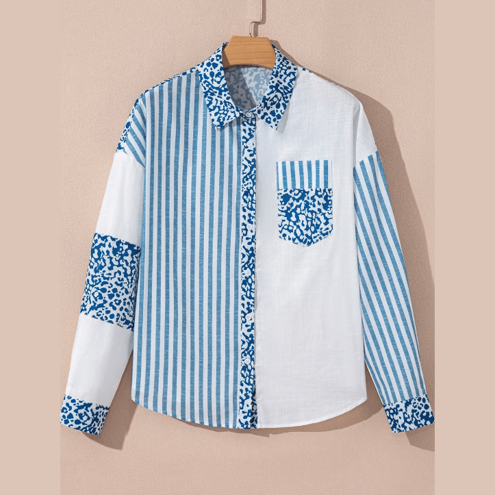 Shalee Sky Blue Leopard Striped Western Casual Shirt