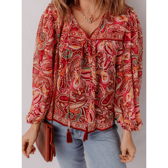 Sammy Jo Multicolour Ethnic Paisley Print Tassel Tie Puff Sleeve Boho Blouse