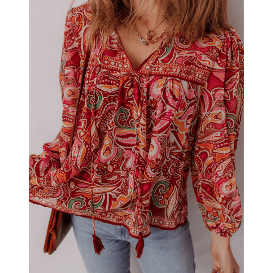 Sammy Jo Multicolour Ethnic Paisley Print Tassel Tie Puff Sleeve Boho Blouse